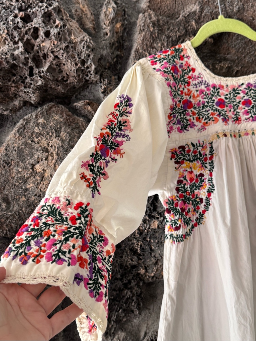 Vintage 60s 70s Cotton Oaxacan Maxi Dress w/ Colorful Floral Hand-Embroidery Med - Picture 12 of 16